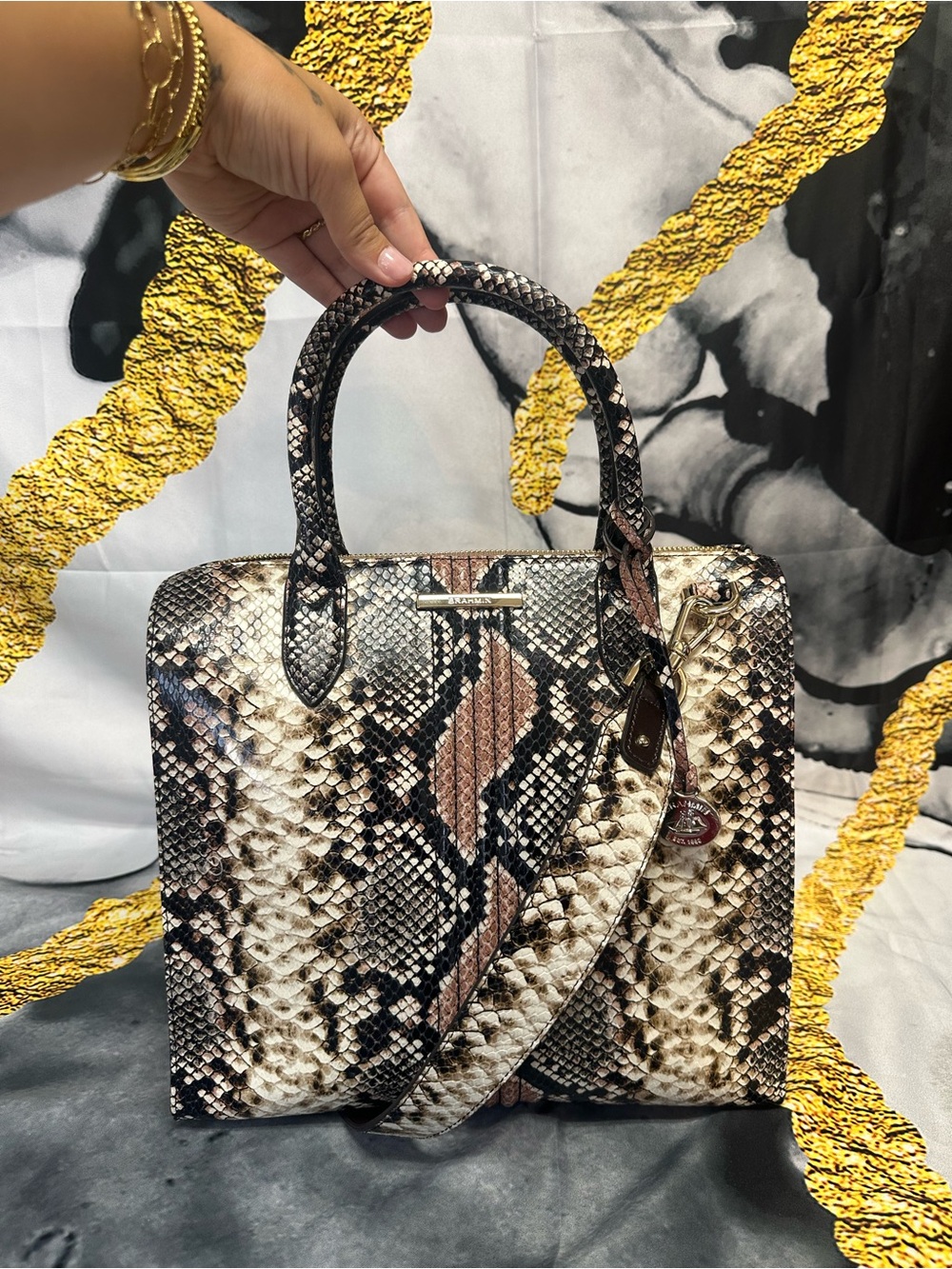 Brahmin Python-Print Structured Satchel Bag - Brown/Black
